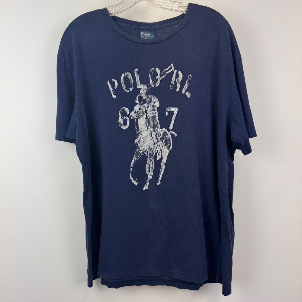 Polo Ralph Lauren Mens Navy Blue Big Pony 67 Distressed Graphic‎ T-Shirt Large